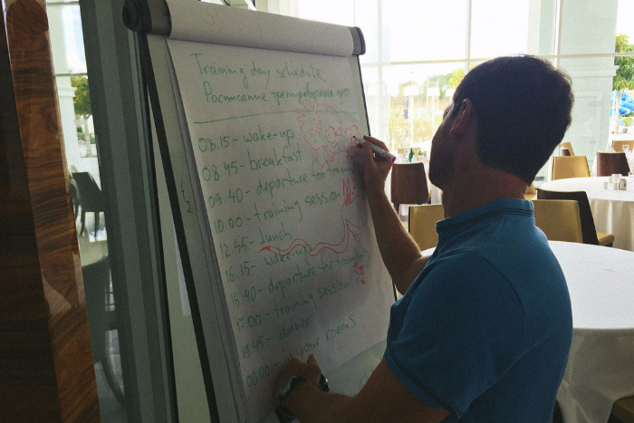 29 января, Белек, Турция. На расписании — большой доске на входе в столовую — кто-то нарисовал хитрую рожу. Два дня пытались угадать, кто, оказалось — АВБ.