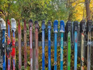 Александр строит забор из лыж в Комарове. Их приносят соседи: это «проект по объединению жизней жителей поселка»